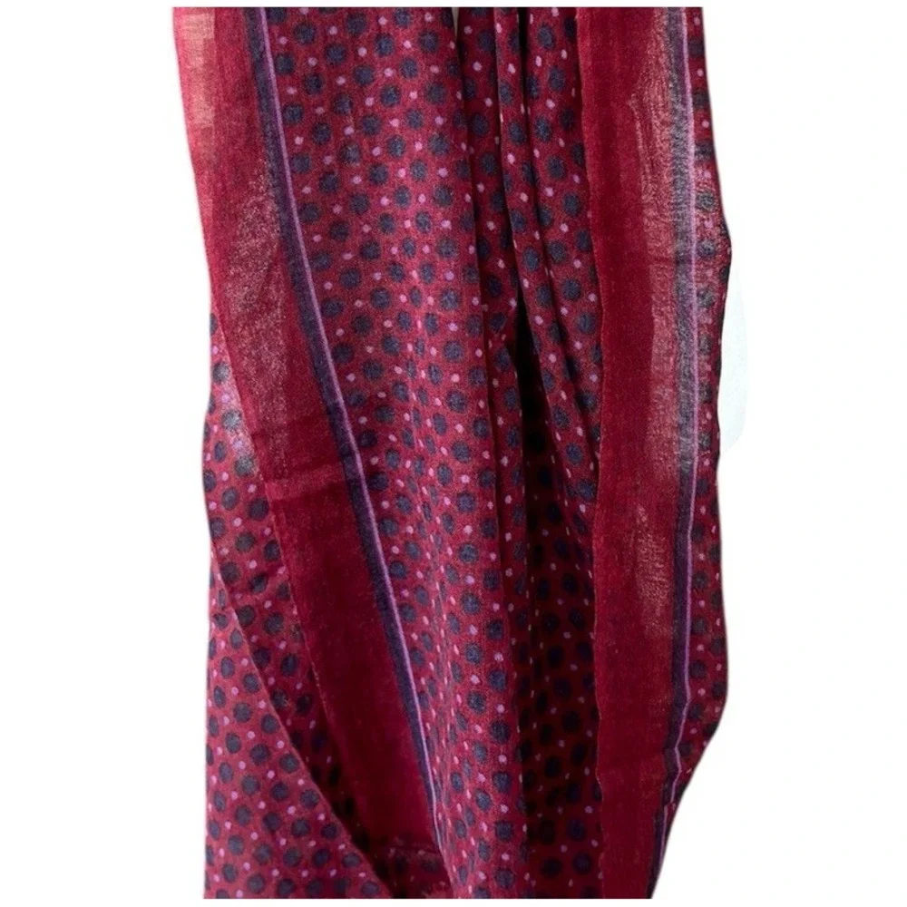 Wool Scarf 72"x28" Lightweight Maroon Navy Threads Napa Valley Polka Dot - Picture 4 of 5